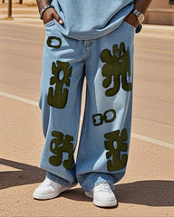 Plus-size boy creative design small creative pictures all match printed loose jeans
