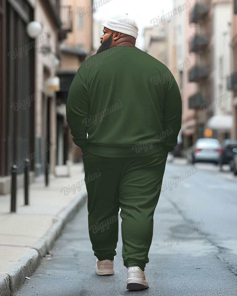 Men's Casual Green Graffiti Bear Alphabet Print Plus Size Sweatshirt Suit