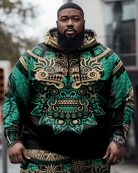 Men's Large Size Retro Green Dragon Totem Print Long Sleeve Hoodie and Sweatpants Set