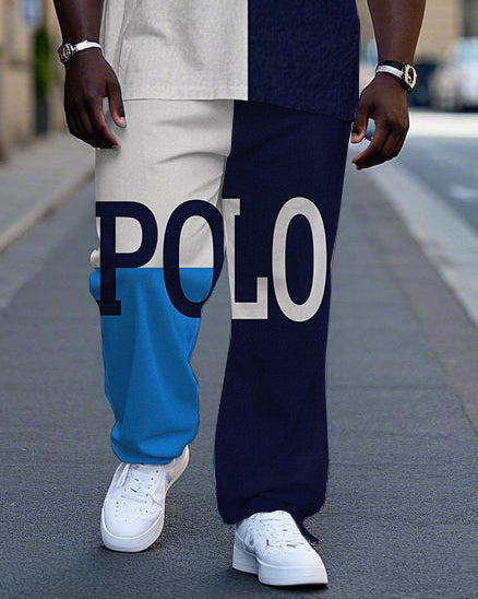 Big Men's Simple Casual Splicing Color Block Blue Letter POLO Printed Short Sleeve T-shirt Pants Set