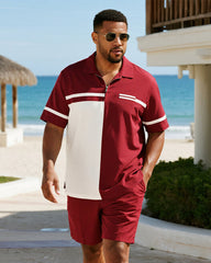 Big & Tall Men's Business Red Stripe Colorblock Printed Short Sleeve Zipper Polo Shirt Shorts Suit