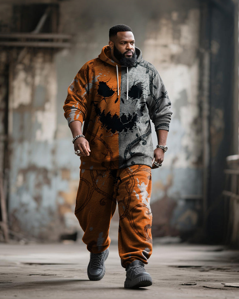 Big & Tall Men's Halloween Orange Pumpkin Facial Contrast Stitch Print Hoodie Suit