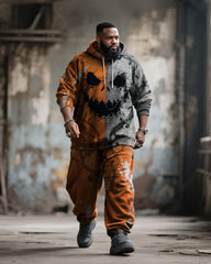 Big & Tall Men's Halloween Orange Pumpkin Facial Contrast Stitch Print Hoodie Suit