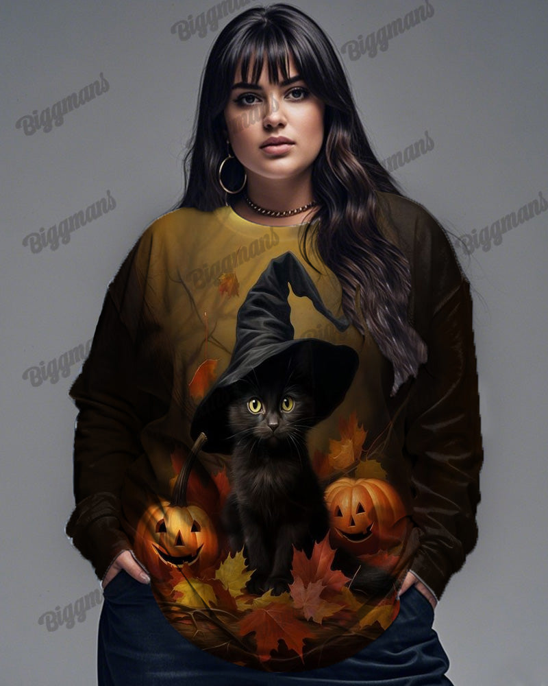Witch Black Cat Pumpkin Print Big and Tall  Women's Long Sleeve Top