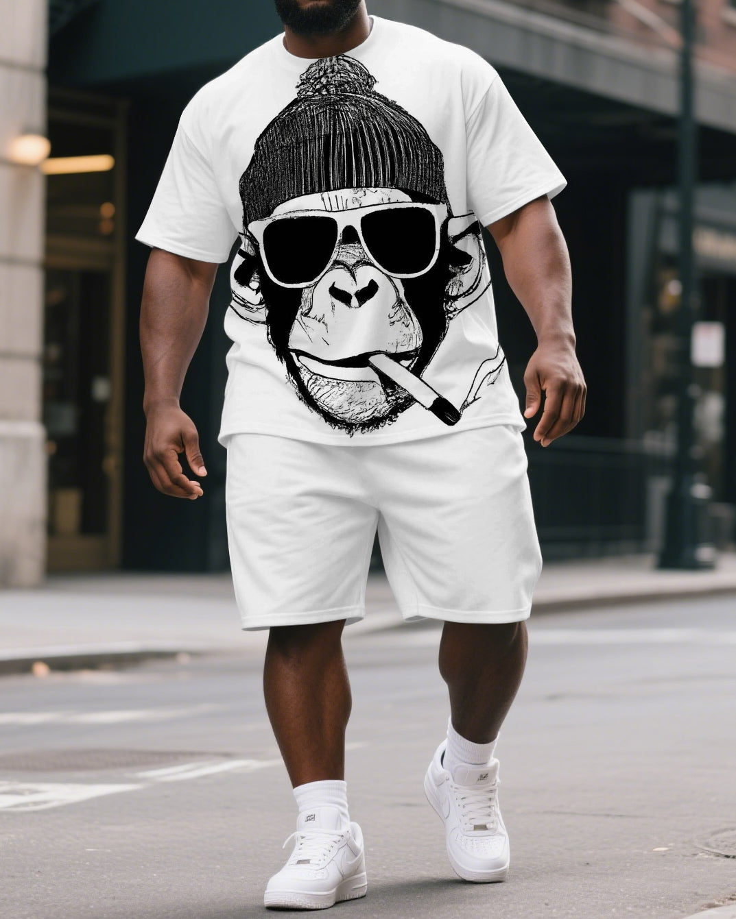 Big & Tall Men's Hip Hop Sunglass Smoking Gorillas Print Short-Sleeved T-shirt and Short Set