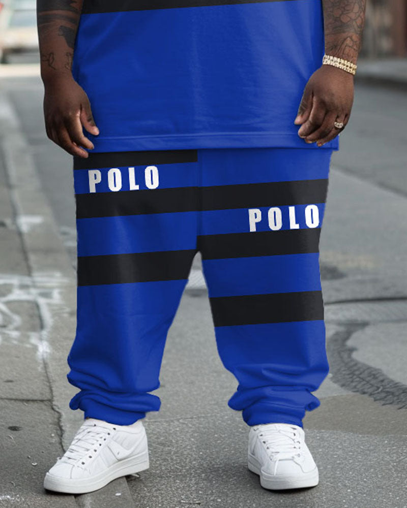 Men's Big & Tall Street Fashion POLO Letter Black Striped T-Shirt Trousers Set