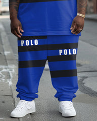 Men's Big & Tall Street Fashion POLO Letter Black Striped T-Shirt Trousers Set