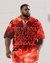 Men's Big and Tall Fire Letter PRISON Theme Printed Outdoor Short Sleeve Polo Shirt Shorts Set