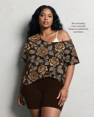 Women's Plus Size Daily Casual Retro Brown Rose Print Short Sleeve Shorts Suit