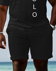 Men's large size Black Signature Shoulder Simple Print Short-sleeved polo shorts set