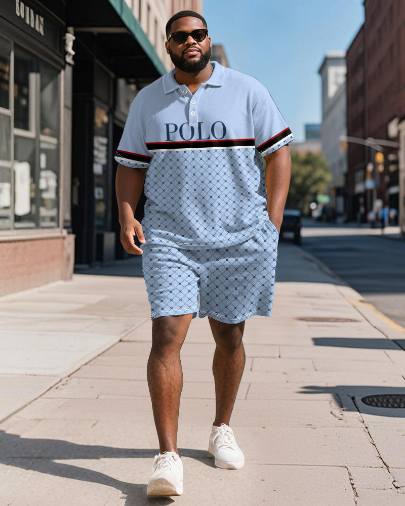 Men's Plus Size Daily Blue Patchwork Letter Print Short Sleeve Polo Shirt Shorts Suit
