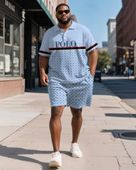 Men's Plus Size Daily Blue Patchwork Letter Print Short Sleeve Polo Shirt Shorts Suit