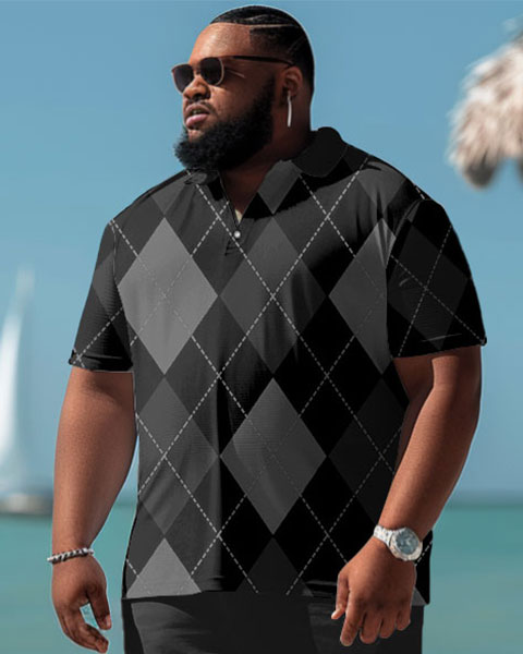 Men's Big and Tall Casual Diamond Plaid Polo Shorts Set