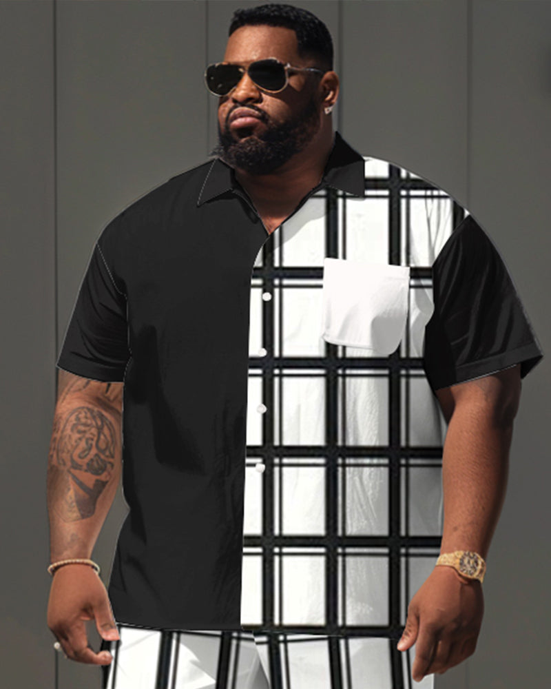 Men's Plus Size Classic Plaid Stitching Print Short Sleeve Shirt Shorts Suit