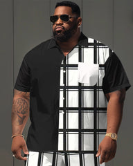Men's Plus Size Classic Plaid Stitching Print Short Sleeve Shirt Shorts Suit