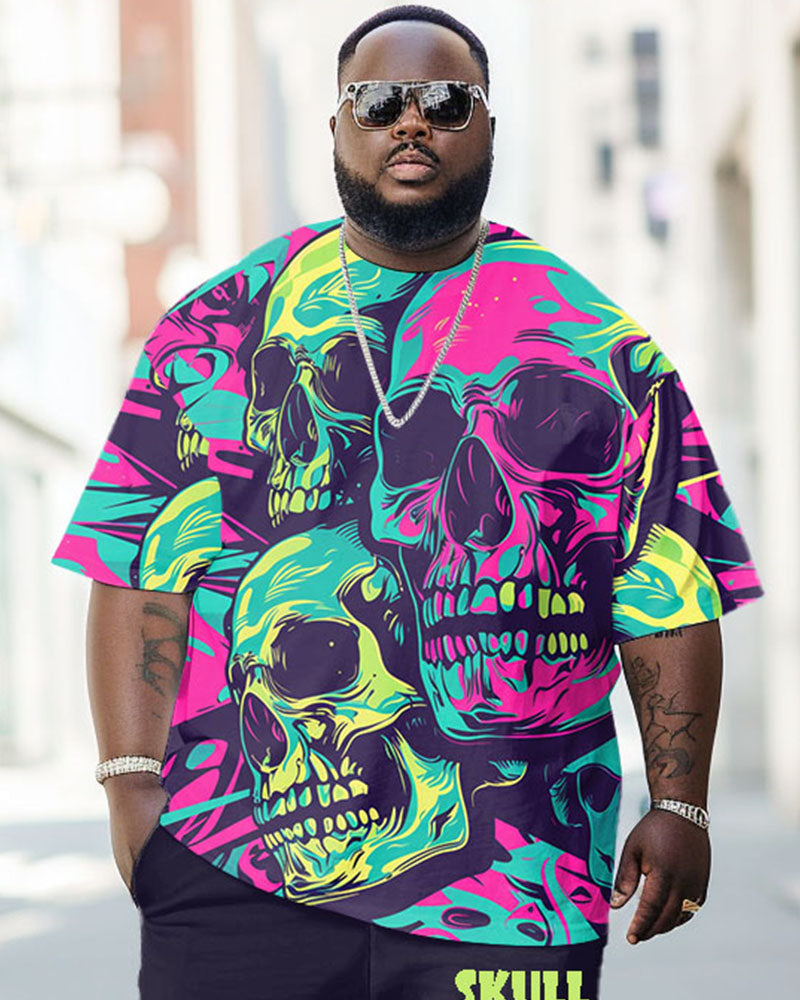 Men's Plus Size Street Fashion Abstract Graffiti Skull Print T-Shirt Trousers Suit