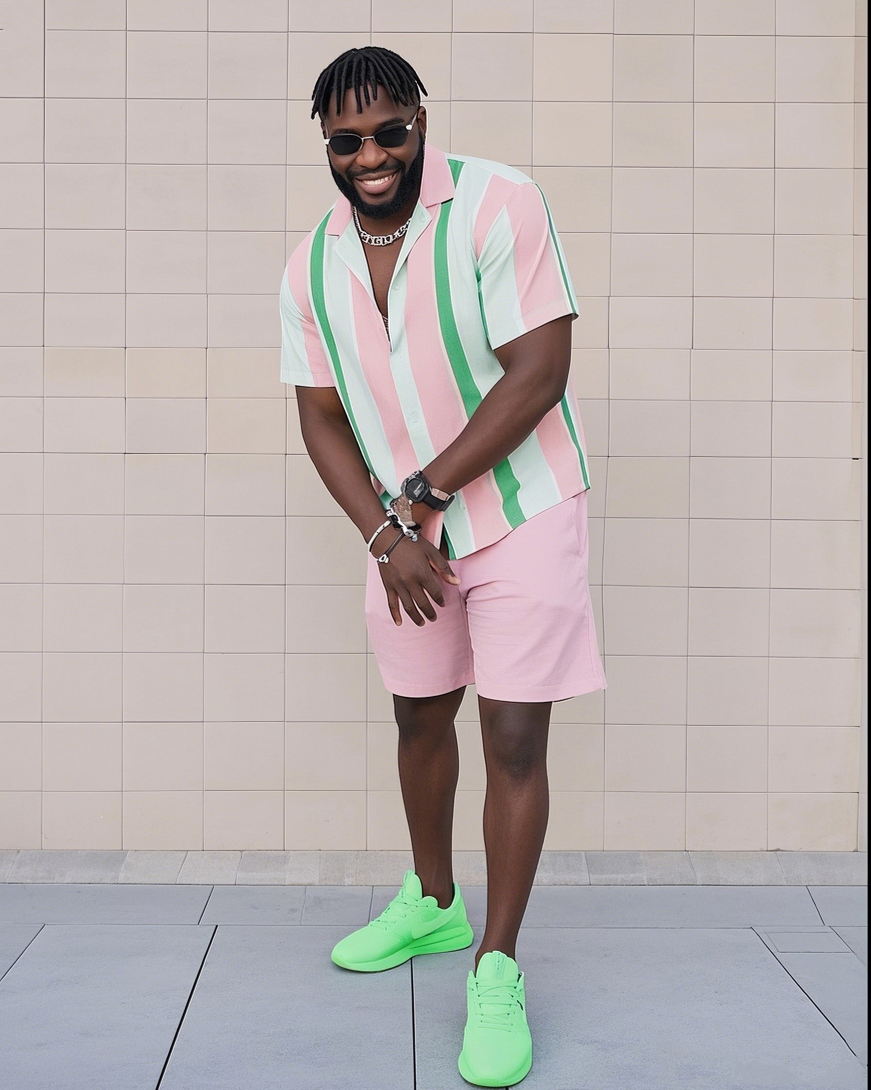 Big Man's Holiday Vacation/Casual Green Pink Striped Color Block Printing Short Sleeve Shirt Pink Shorts Suit