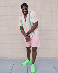 Big Man's Holiday Vacation/Casual Green Pink Striped Color Block Printing Short Sleeve Shirt Pink Shorts Suit