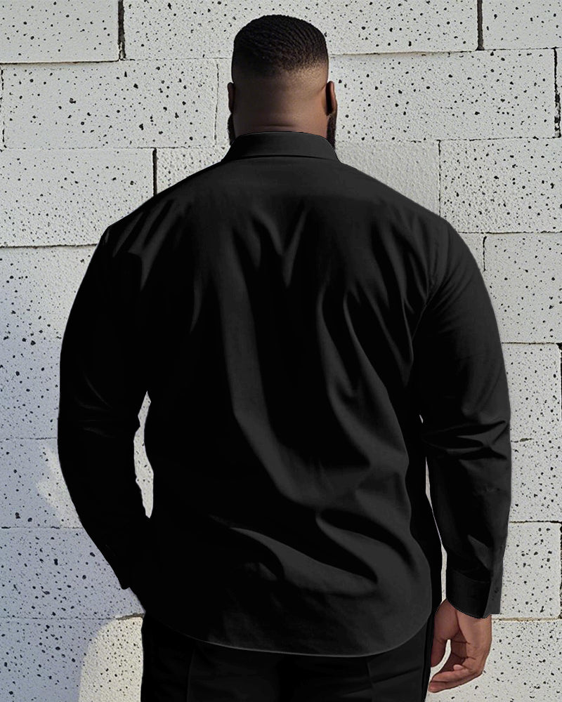 Men's Plus Size Business Black Patchwork Wave Art Texture Print Long Sleeve Shirt