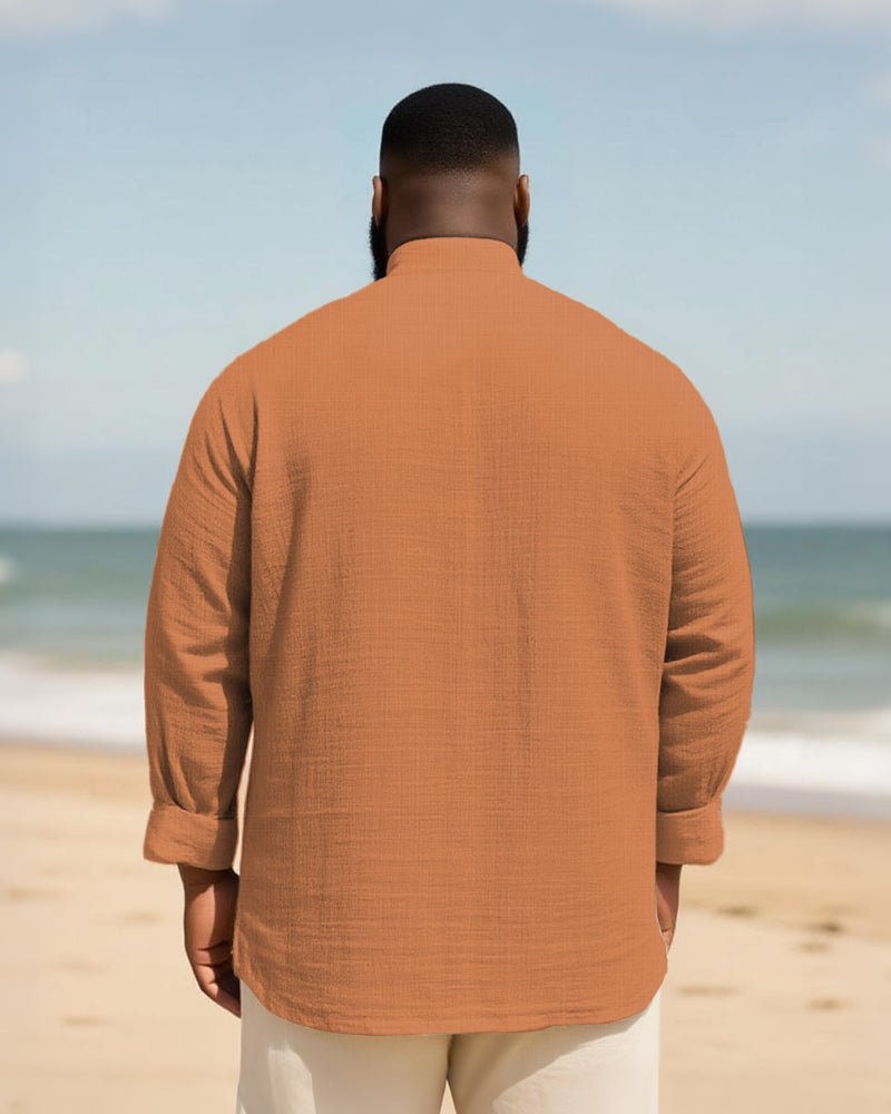 Big & Tall Men's Everyday College Style B Letter Icon Bamboo Hemp Texture Stand-up Collar Long Sleeve Shirt