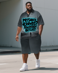 Big Men's Casual PRISON Style Lettering Streetwear Relaxed Short-Sleeve Polo Shirt Shorts Set