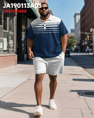 Men's Plus Size Business Blue Stripe Print Short Sleeve Polo Shirt Shorts Suit
