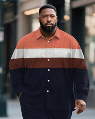 Big & Tall Men's Business Blue Colorblock Stripe Print Bamboo Hemp Texture Long Sleeve Shirt Trousers Suit