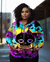 Women's Plus Size Graffiti Skull Love Bow Long Sleeve Zipper Hoodie