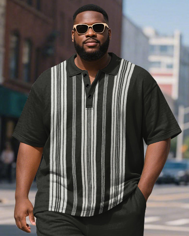 Men's Plus Size Business Black Stripe Print Short Sleeve Polo Shirt Shorts Suit