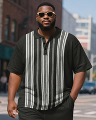 Men's Plus Size Business Black Stripe Print Short Sleeve Polo Shirt Shorts Suit