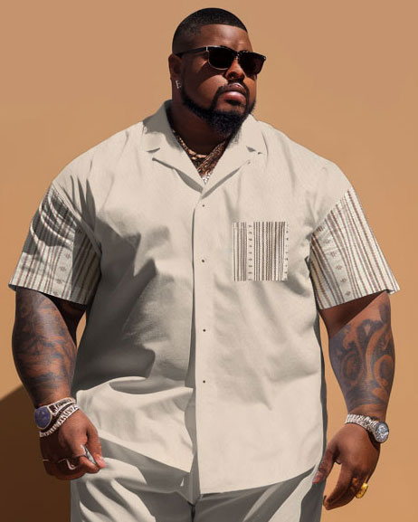 Big Men's Simple Stripe Patchwork Printed Pocket Short Sleeve Shirt Shorts Set