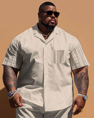 Big Men's Simple Stripe Patchwork Printed Pocket Short Sleeve Shirt Shorts Set