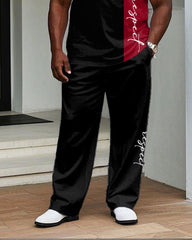 Big Men's Black Colorblock Slogan Printed Short-sleeved T-shirt Trousers Set