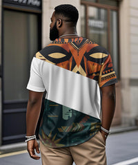 Men's Plus Size Daily Casual Stitching Tiki Mask Printed Henry Collar Button Short Sleeve T-Shirt