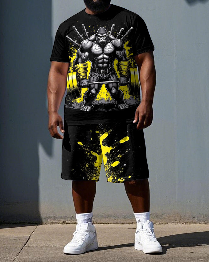 Big & Tall Men's Cartoon Weightlifting Gorillas Tie Dye Casual Short Sleeve T-shirt 2-Piece Set
