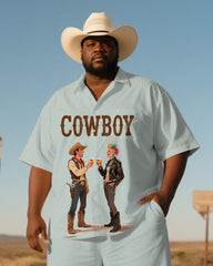 Big Guy's Western Theme Cowboy Cartoon Style Simple Short-Sleeve Shirt Pants Sets