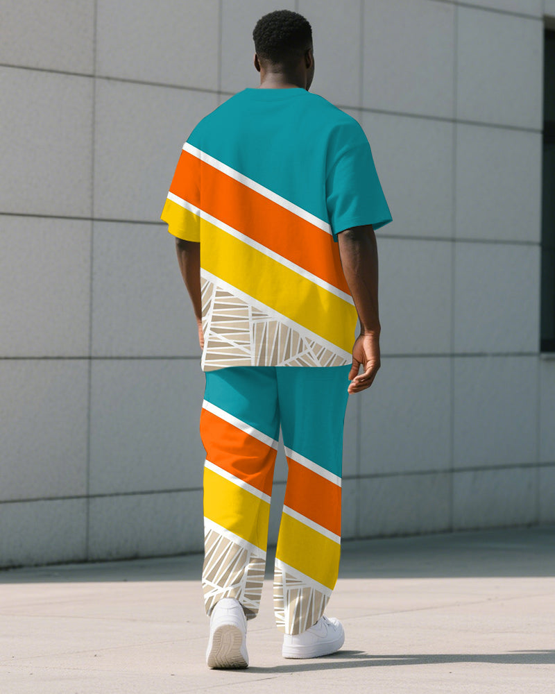 Men's Plus Size Blue And Yellow Color Block Geometric Print T-shirt Trousers Suit