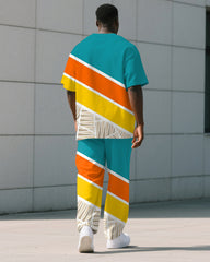 Men's Plus Size Blue And Yellow Color Block Geometric Print T-shirt Trousers Suit