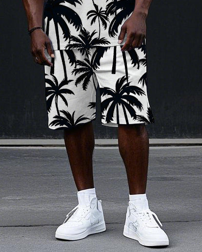 Big Men's Casual Fashion Black Coconut Trees Printed Hawaiian Vest and Shorts Set