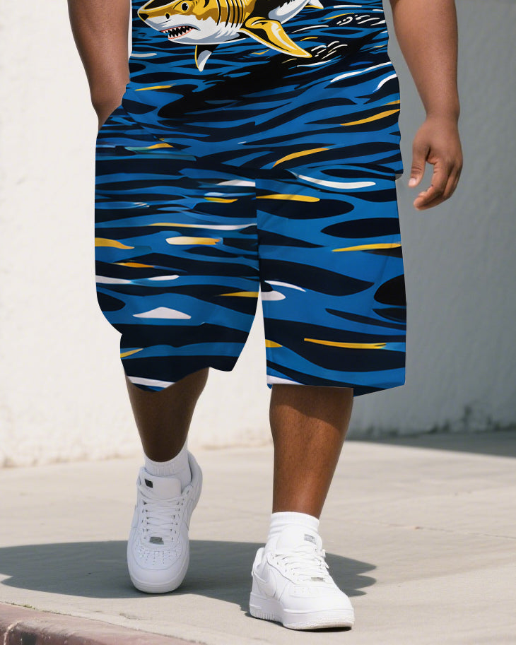 Big Guy's Artistic Shark Turbine Cartoon Printed Casual Short-Sleeve Polo Shirt & Shorts Set