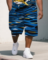 Big Guy's Artistic Shark Turbine Cartoon Printed Casual Short-Sleeve Polo Shirt & Shorts Set
