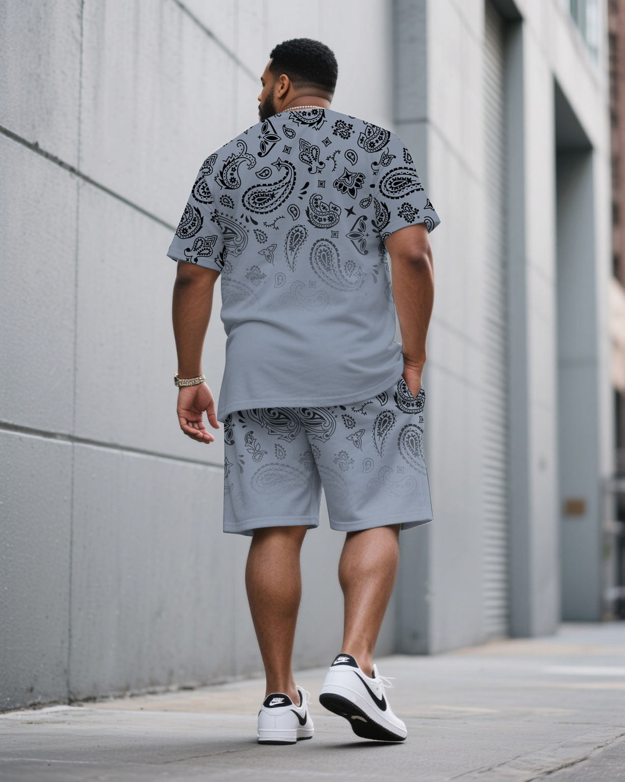 Men's Plus Size Gray Blue Gradient Paisley Pattern Round Neck Short Sleeve T-shirt Shorts Suit