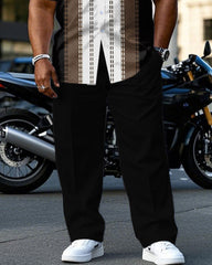 Men's Plus Size Black & Brown & White Stitching Top Line Sewing Short Sleeve Shirt Trousers Suit