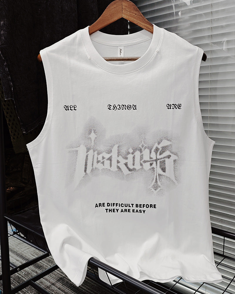 L-2XL Street Fashion White Chain Gothic Hee Letter Printed Round Neck Sleeveless Vest
