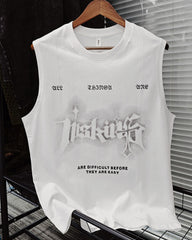 L-2XL Street Fashion White Chain Gothic Hee Letter Printed Round Neck Sleeveless Vest