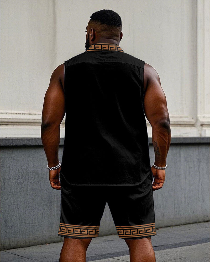 Men's Large Feature Patchwork Print Sleeveless Vest Shirt Shorts Suit