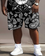 Men's Big and Tall Street Hip Hop Skull Paisley Print T-Shirt Shorts Set
