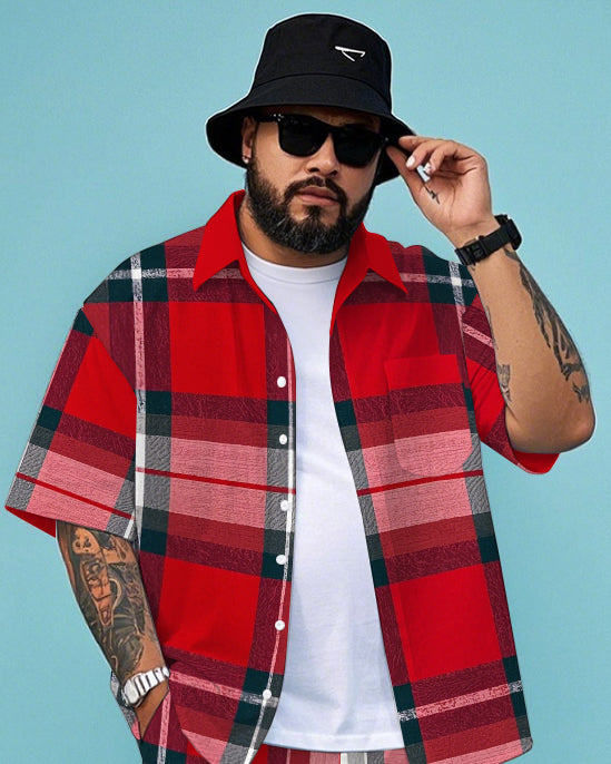 Men's Big Size Business Casual Red Bold Plaid Printed Outdoor Short Sleeve Shirt and Shorts Set