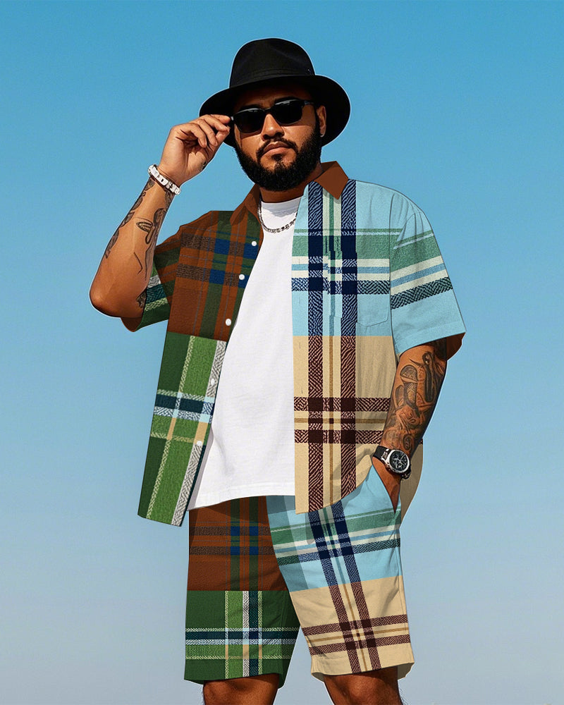 Big Men's Daily Casual Splicing Color Plaid Printed Short Sleeve Shirt and Shorts Set