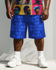 Men's Plus Size Street Fashion Colorblock Head "They Want Our Rhythm But Not Our Blues" Letter Printed T Shirt Shorts Suit